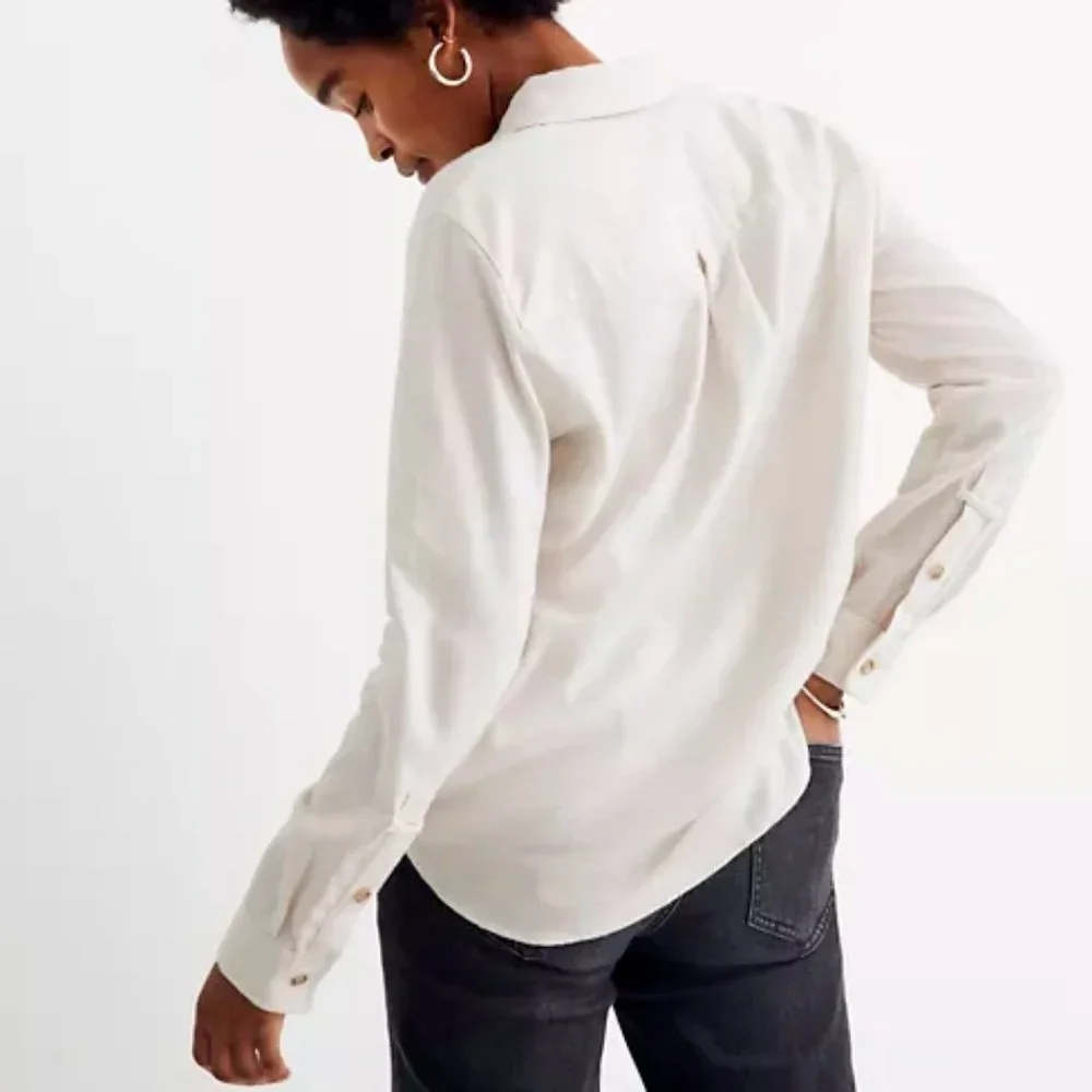 MADEWELL OATMEAL FLANNEL CLASSIC EX-BOYFRIEND POPOVER SHIRT TOP - Picture 3 of 4